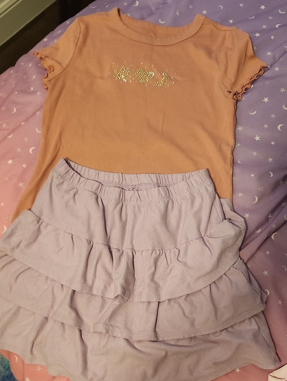 Kids Pink Short Sleeve Top and Lavender Ruffle Skirt Set